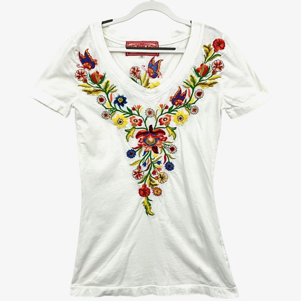 Johnny Was JWLA Top Womens XS White Embroidered *READ* Floral V Neck T Shirt - Picture 1 of 12